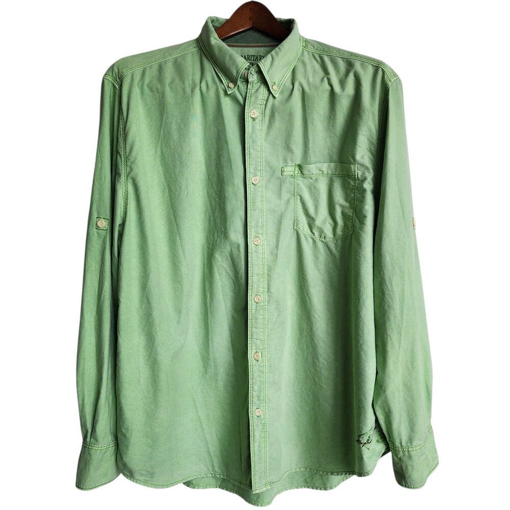 Margaritaville Men Shirt 2XL Key Lime Green Cotton Button Up Long Sleeve RollTab